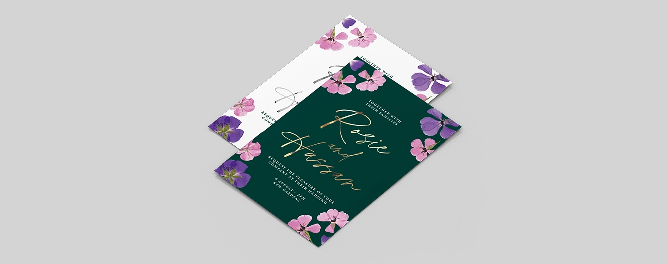 Two Wedding Invitations with Gold Foil Accents