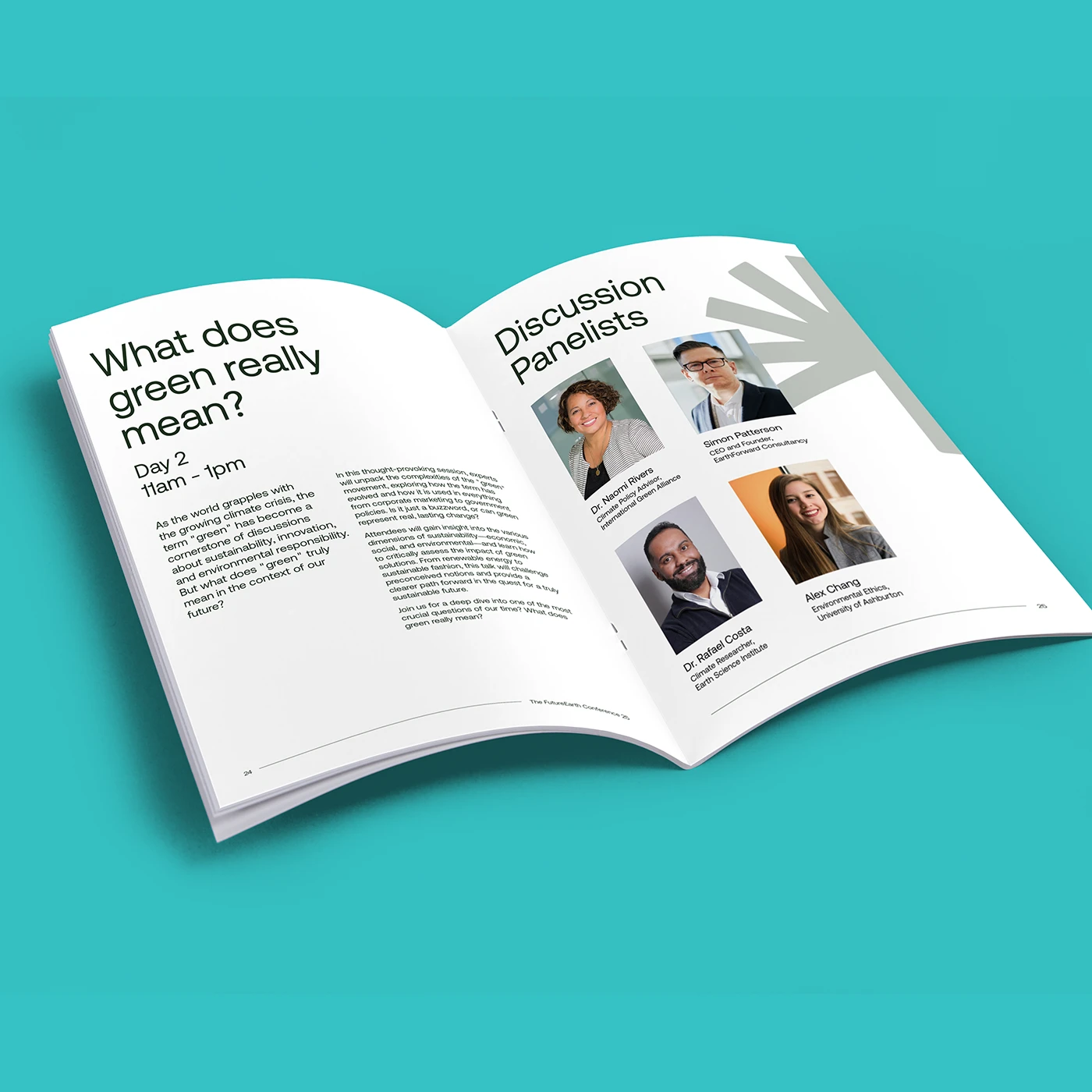 An open saddle stitch booklet with a simple text and image design on a bright blue background.