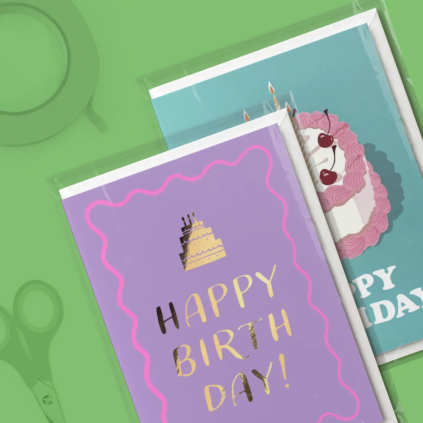 Two greeting cards in clear self-sealing Cellophane Bags, one purple birthday card and one cake design.