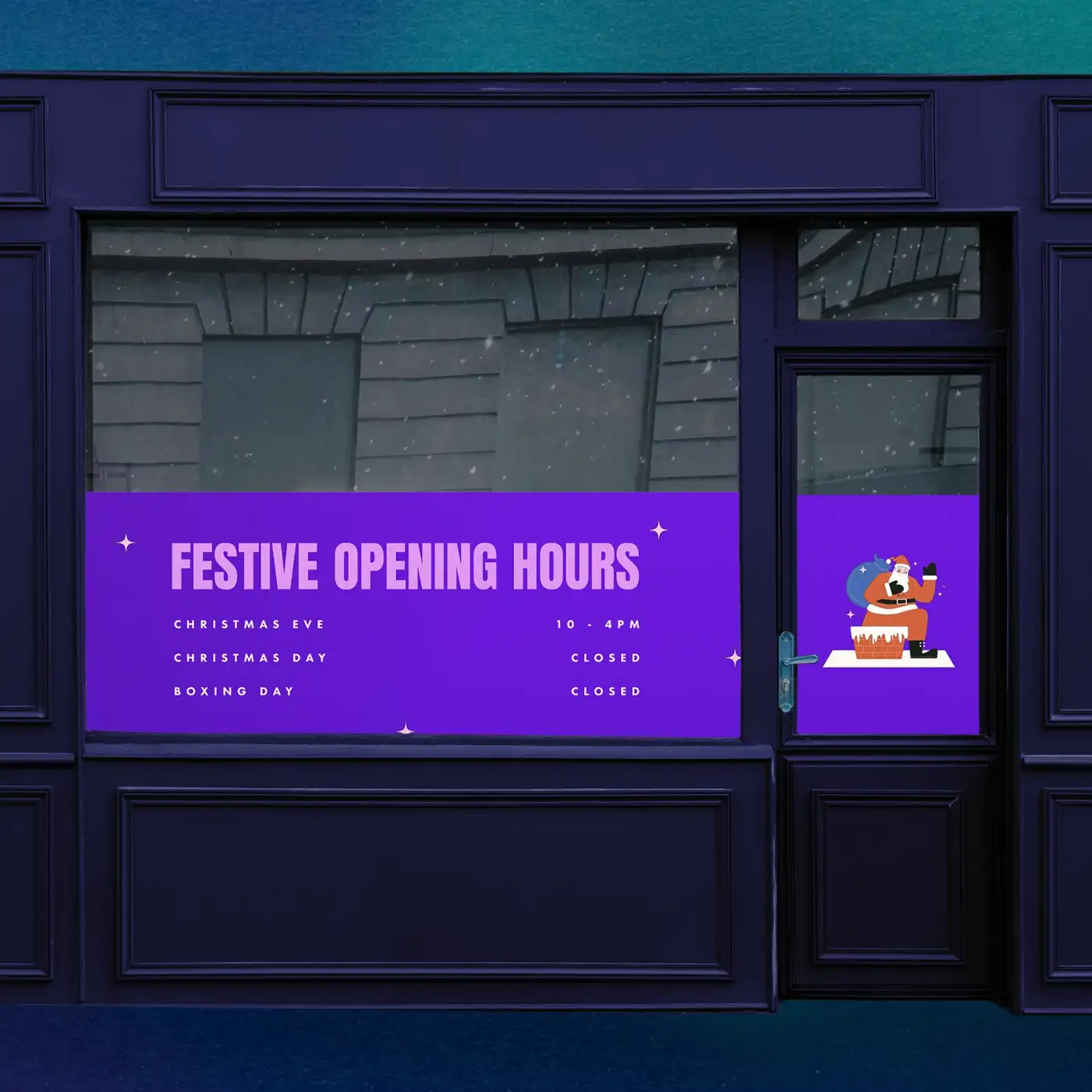 Store shopfront windows with purple window vinyl Stickers, featuring text reading 'festive opening hours' and an image of santa claus.