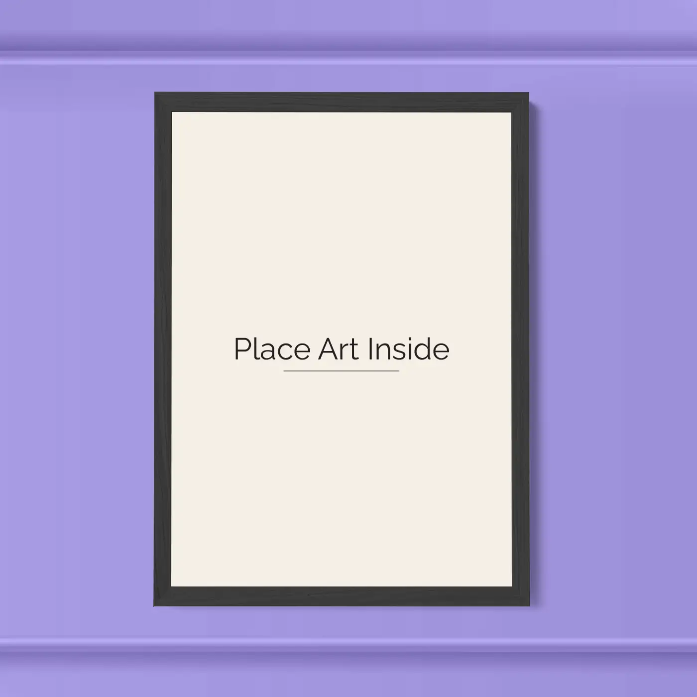 Black picture frame on a lavender background with a blank insert that reads 'Place Art Inside,' ready for custom artwork
