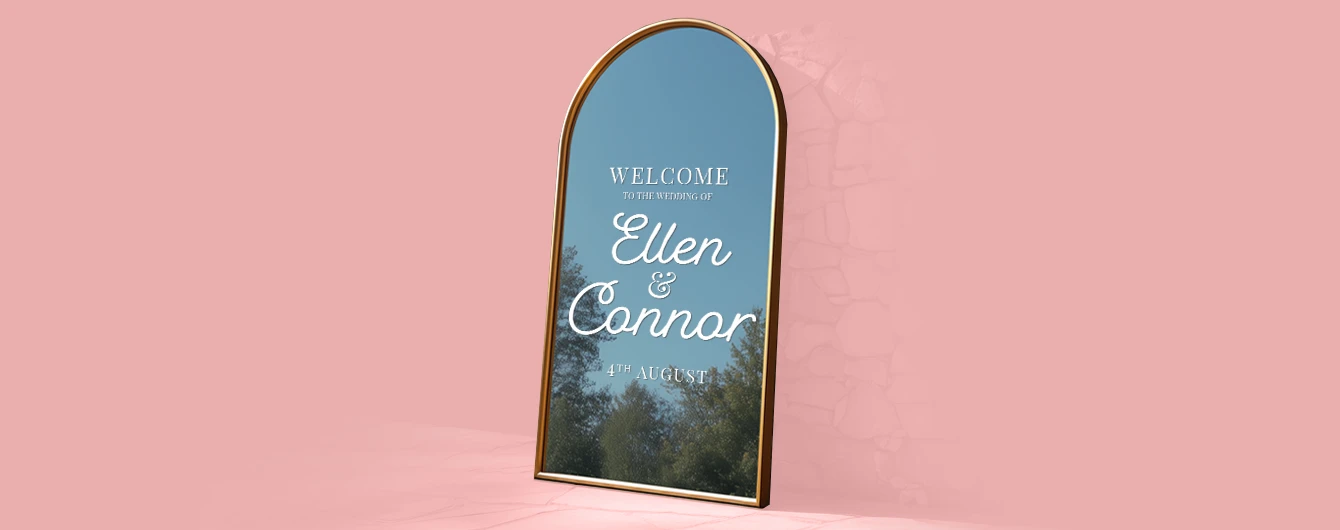 White welcomewedding decal on a mirror