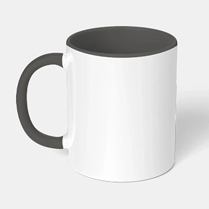 White ceramic mug, with a black handle and inner, on a grey background.