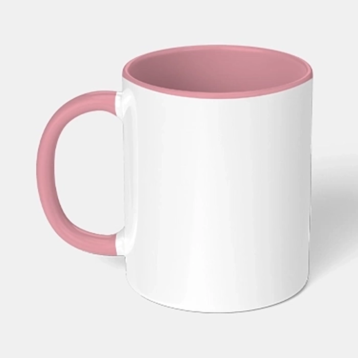 White ceramic mug, with a pink handle and inner, on a grey background.