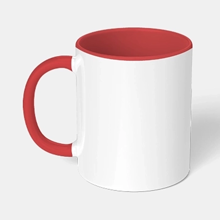 White ceramic mug, with a red handle and inner, on a grey background.