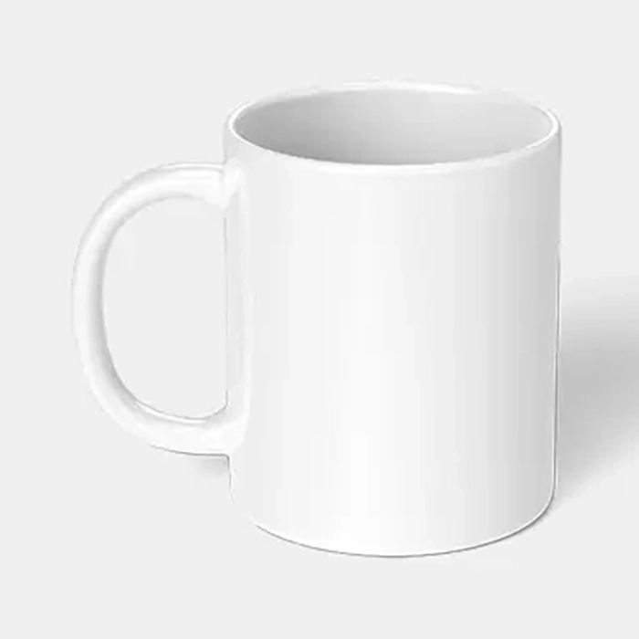 White ceramic mug, on a grey background.