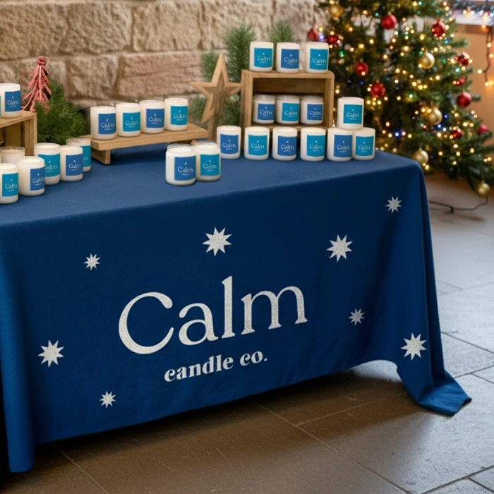 Market stall displays blue-labeled candles on a table covered with a navy Tablecloth that reads “Calm candle co.” with white snowflake designs.