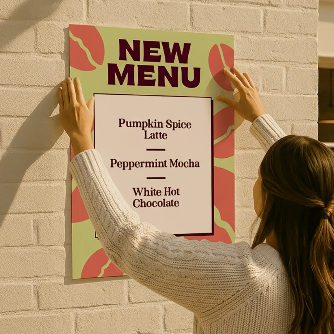 A person hangs a colorful outdoor poster on a brick wall that reads “New Menu” and lists Pumpkin Spice Latte, Peppermint Mocha, and White Hot Chocolate.