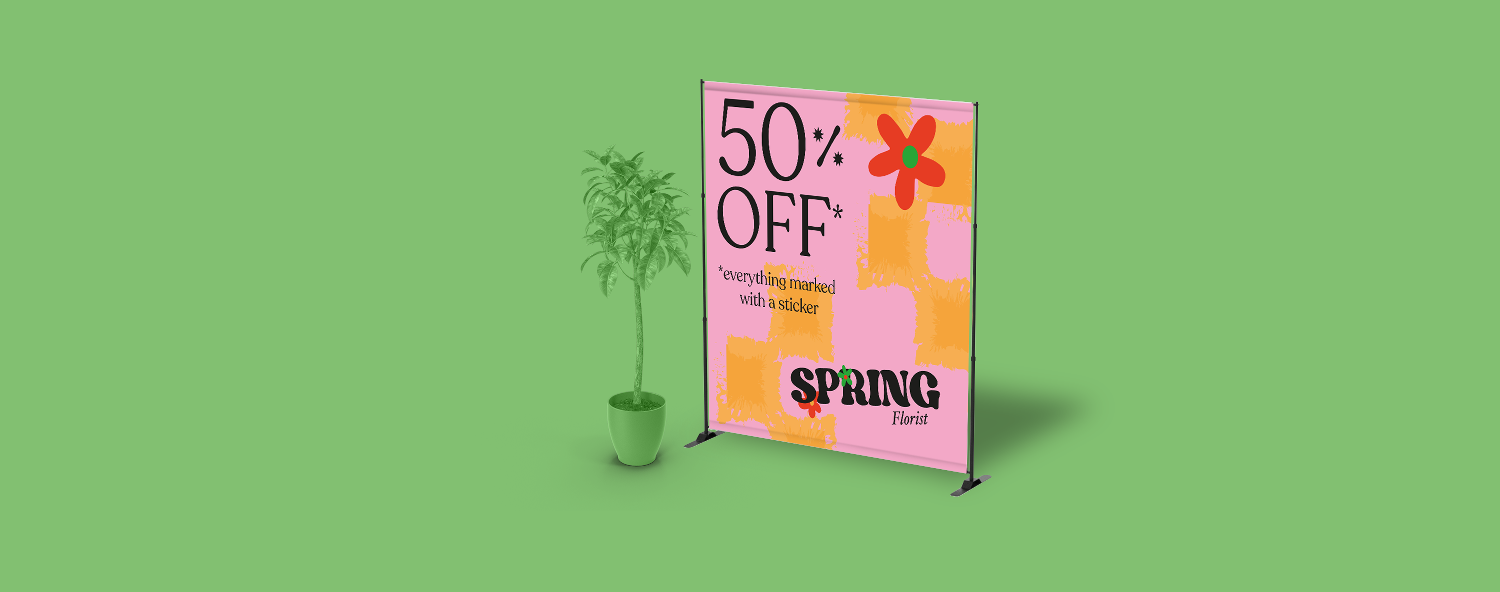 Telescopic Tension Banner advertising 50% off