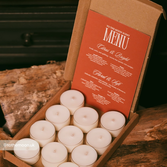 A cardboard box containing a set of white tealight candles is open on a wooden surface. Inside the lid is an orange product card labeled “TO THE MOON SCENT MENU,” listing candle scent options such as “Citrus & Bright” and “Floral & Soft.”