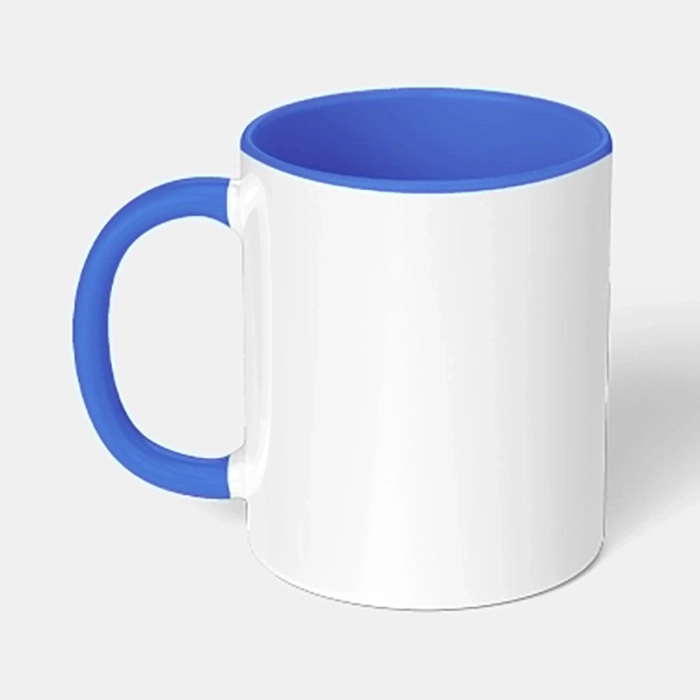 White ceramic mug with blue handle and interior, placed against a plain light gray background.