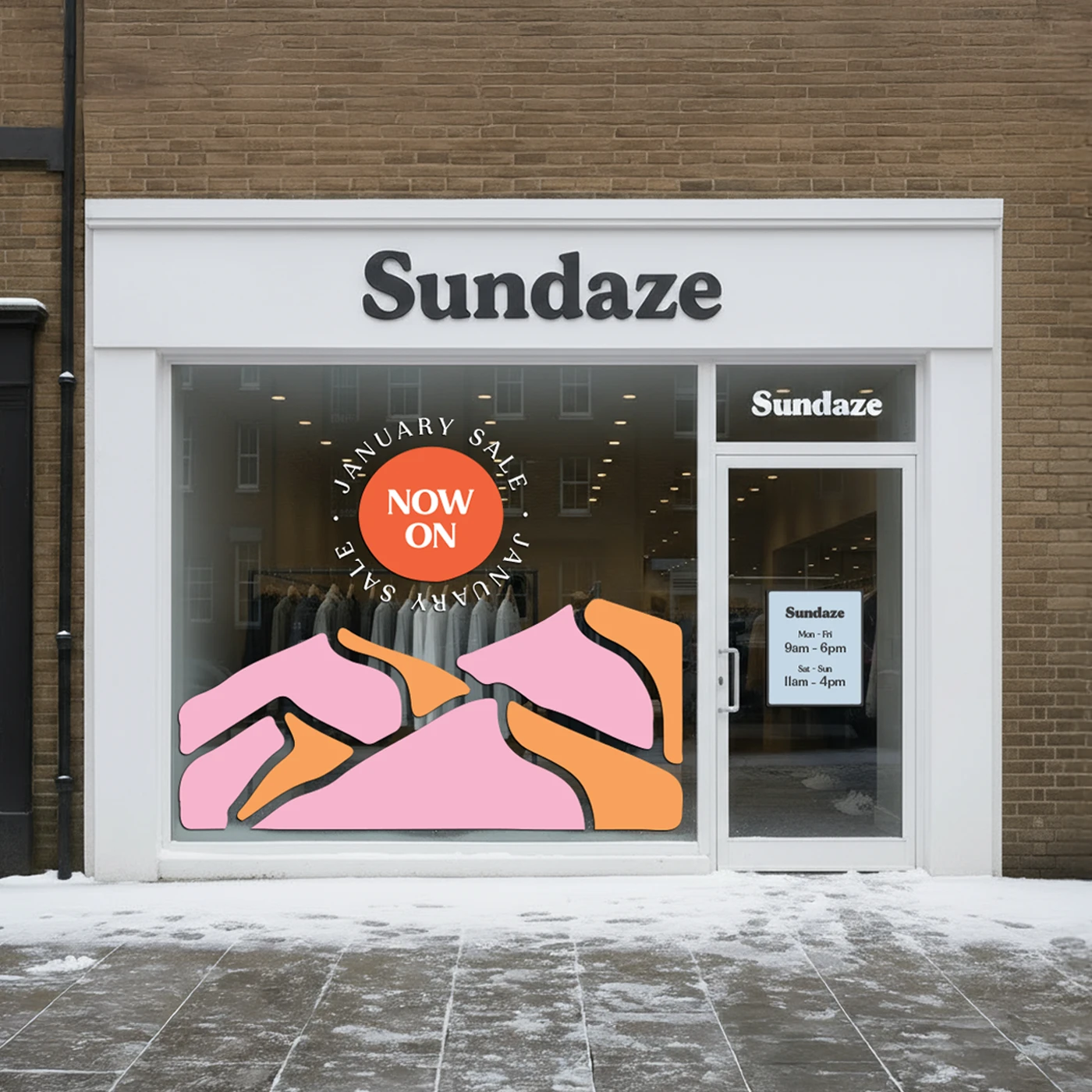 Sundaze clothing store exterior with January sale signage and vibrant window display in white facade.