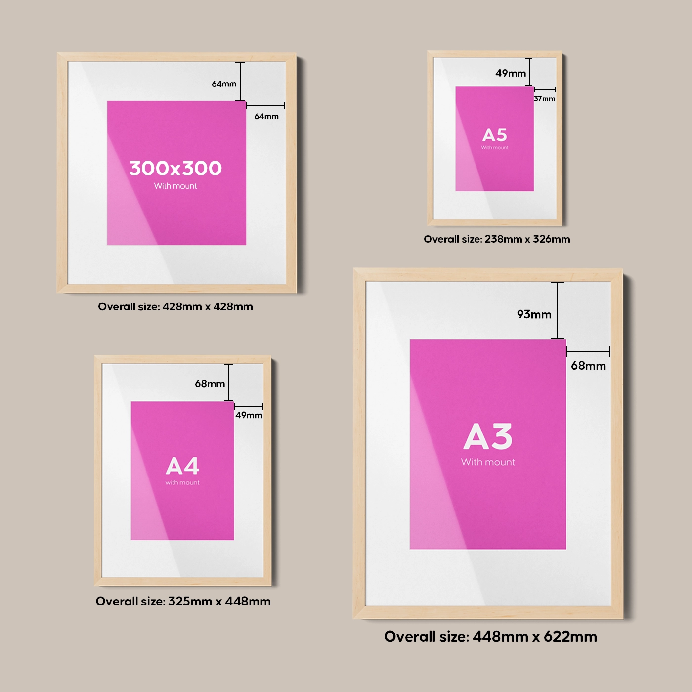 Four picture frames with labeled mount margins and overall dimensions for 300×300, A5, A4, and A3 prints
