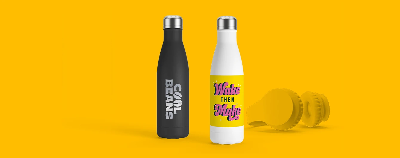 Two bottles with printed slogans and matching caps, placed on a bright yellow background.