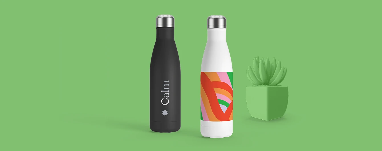 Two reusable bottles with metallic caps, one plain and one patterned, placed beside a small plant against a green backdrop.