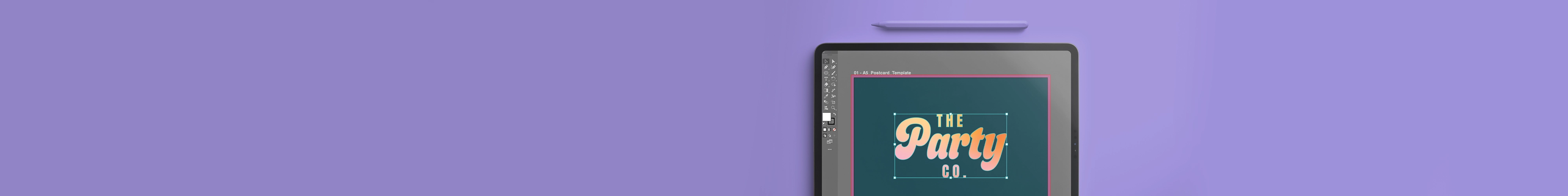A tablet on a purple background displaying a logo design that reads ‘The Party Co.’ inside an artwork design interface
