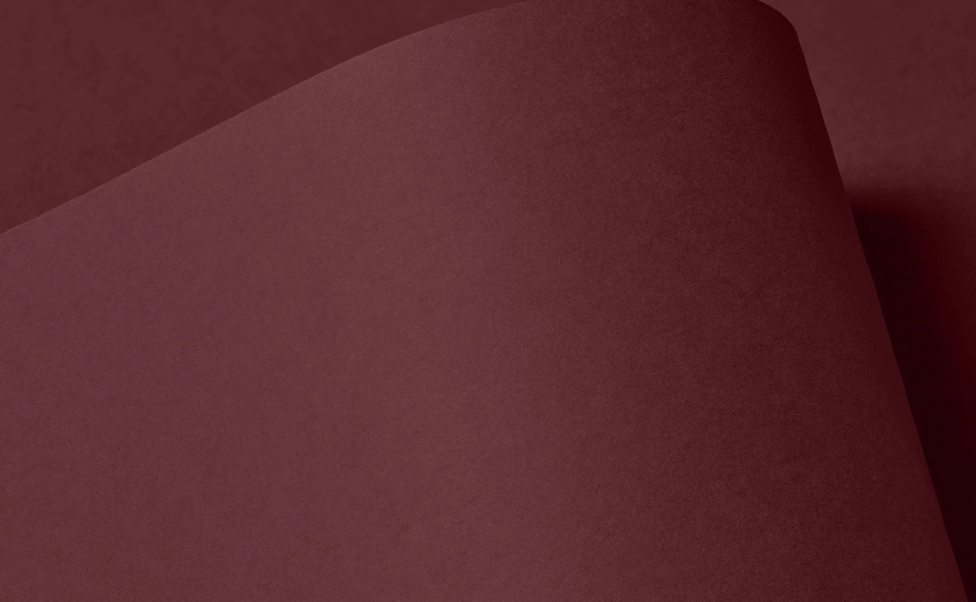 Close-up of Colourplan Claret paper in a dark reddish-brown shade, partially curled; the matte surface reveals fine texture and soft lighting gradients that emphasize the material’s depth and sculptural fold.
