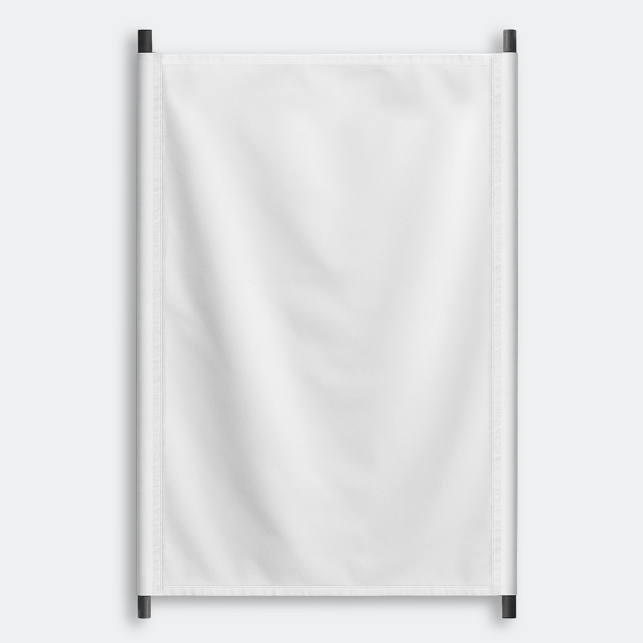White fabric with stitched side pockets, hanging vertically from black rods against grey background.