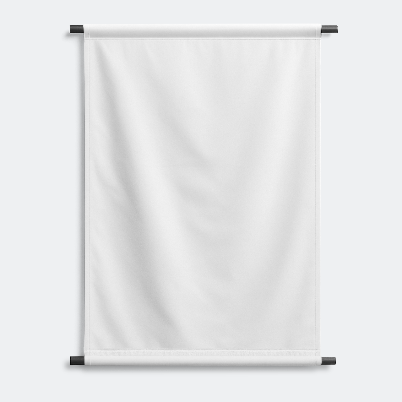 Vertical white banner with stitched pockets top and bottom, mounted on black rods, grey backdrop.