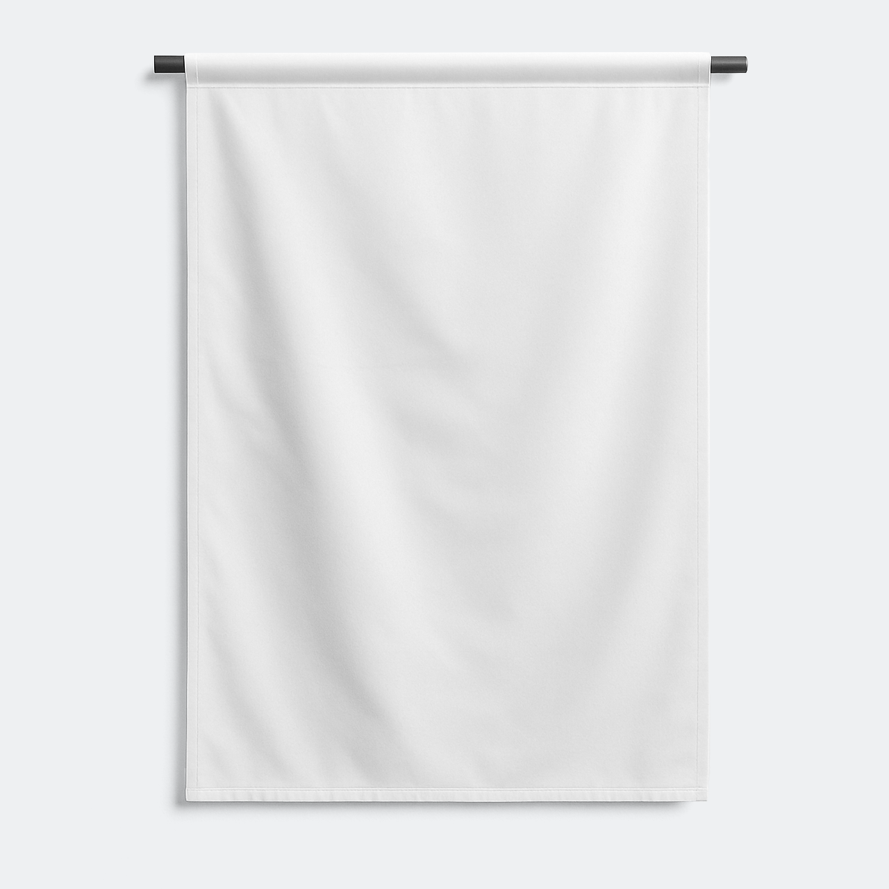 White banner with stitched pocket at top, hanging from black rods on grey background.