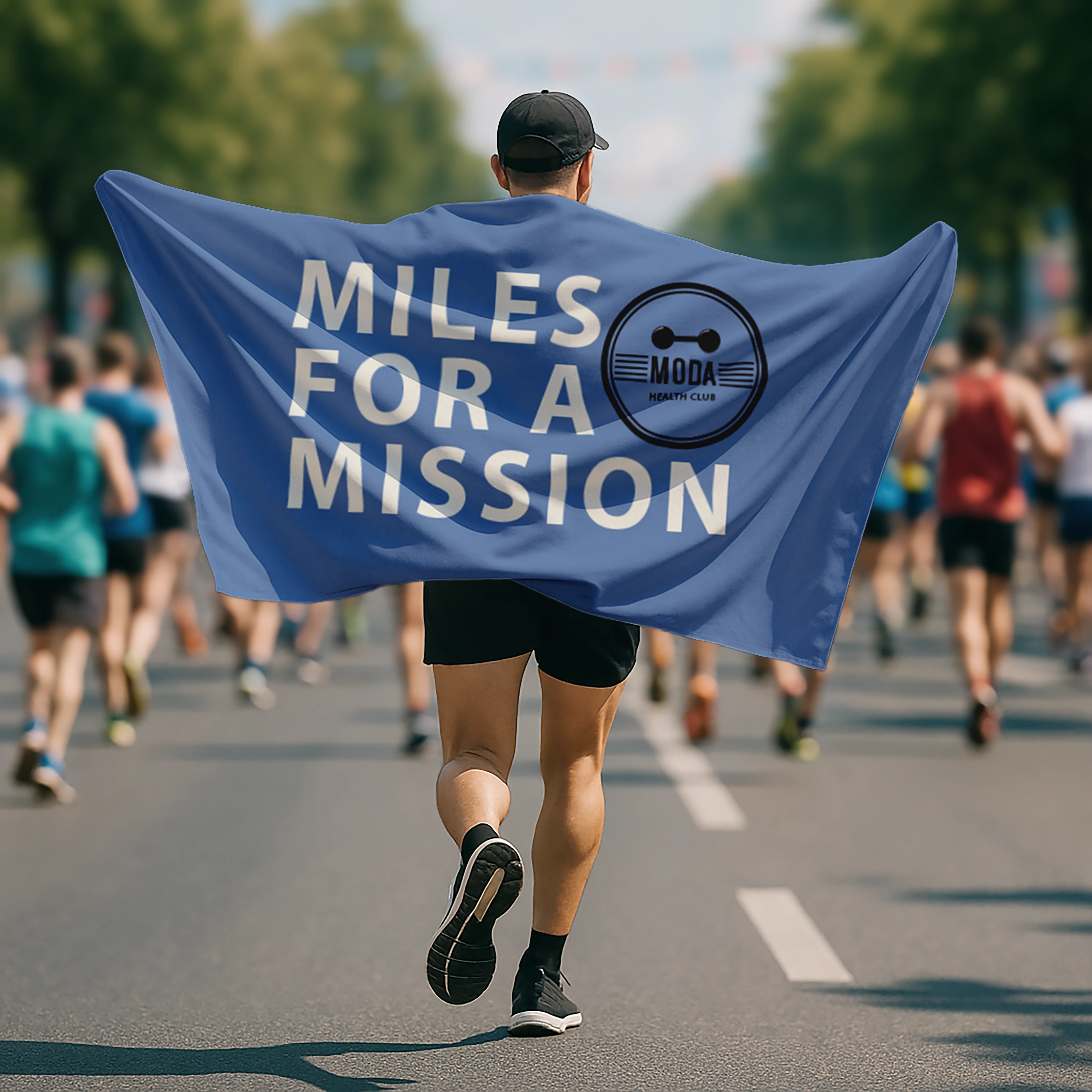 Person running in a road race, holding a blue banner; sunny day with trees in background.