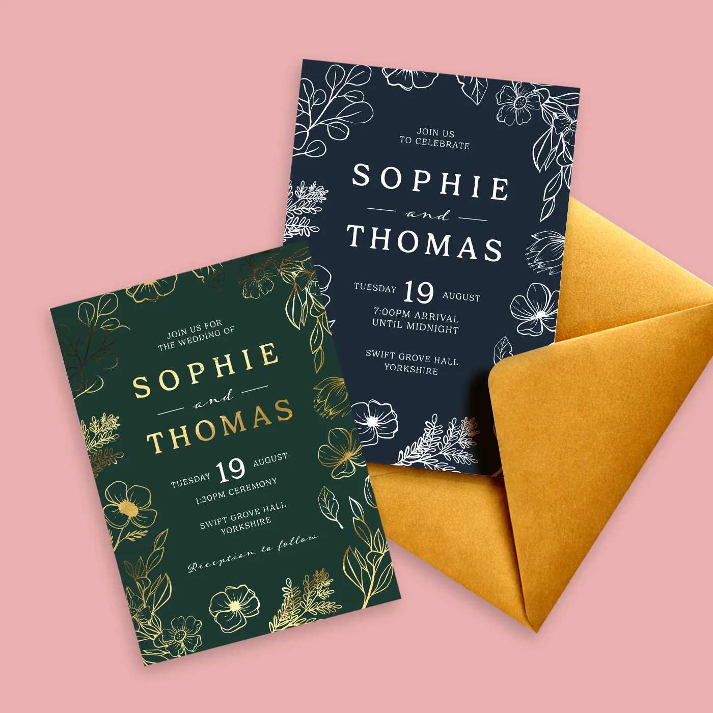 Two elegant Wedding Invitations, one in dark green with gold foiling and one in navy blue with silver foiling. Both with floral illustrations, displayed alongside a gold envelope.