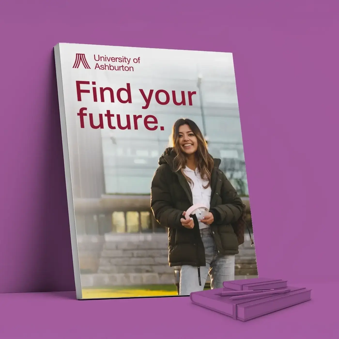 Freestanding Foam Board display for the University of Ashburton, set against a purple background. The board features a smiling student in front of a modern glass building, with the text “University of Ashburton – Find your future".