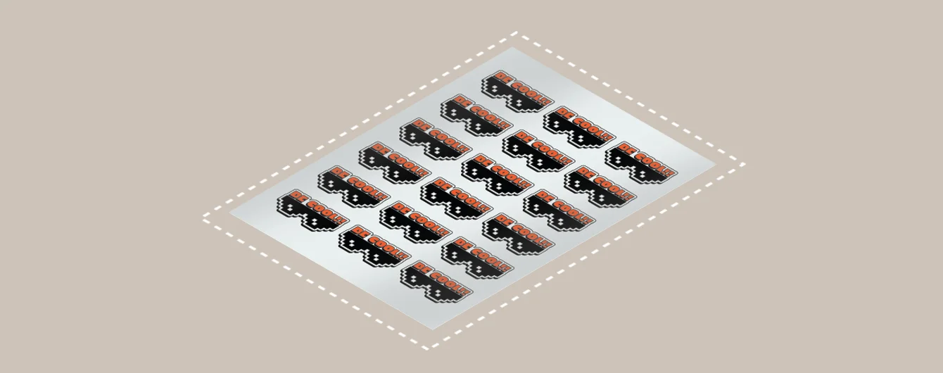 Custom glasses-shaped stickers on a sheet, with 18 identical stickers in rows.