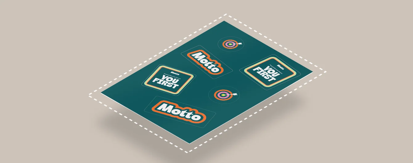 Custom shaped sticker sheet, featuring three target stickers, 2 square shapes, and 2 outlined 'Motto' text shape.