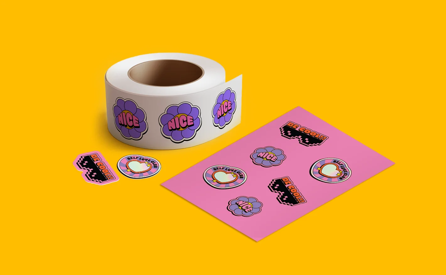 Roll and sheet of colourful custom shaped stickers, displaying assorted sticker designs on a bright yellow background. The stickers on a roll with a purple scalloped edge, while the sheet includes playful illustrations like sunglasses and bold phrases.