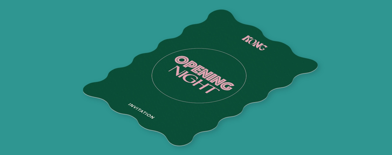 Dark green wavy- shaped Invitation with bold text reading 'OPENING NIGHT'