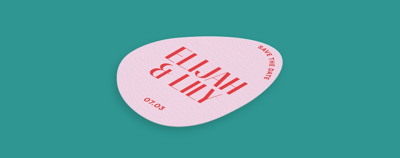 Pebble-shaped, pink Wedding Save the Date card.