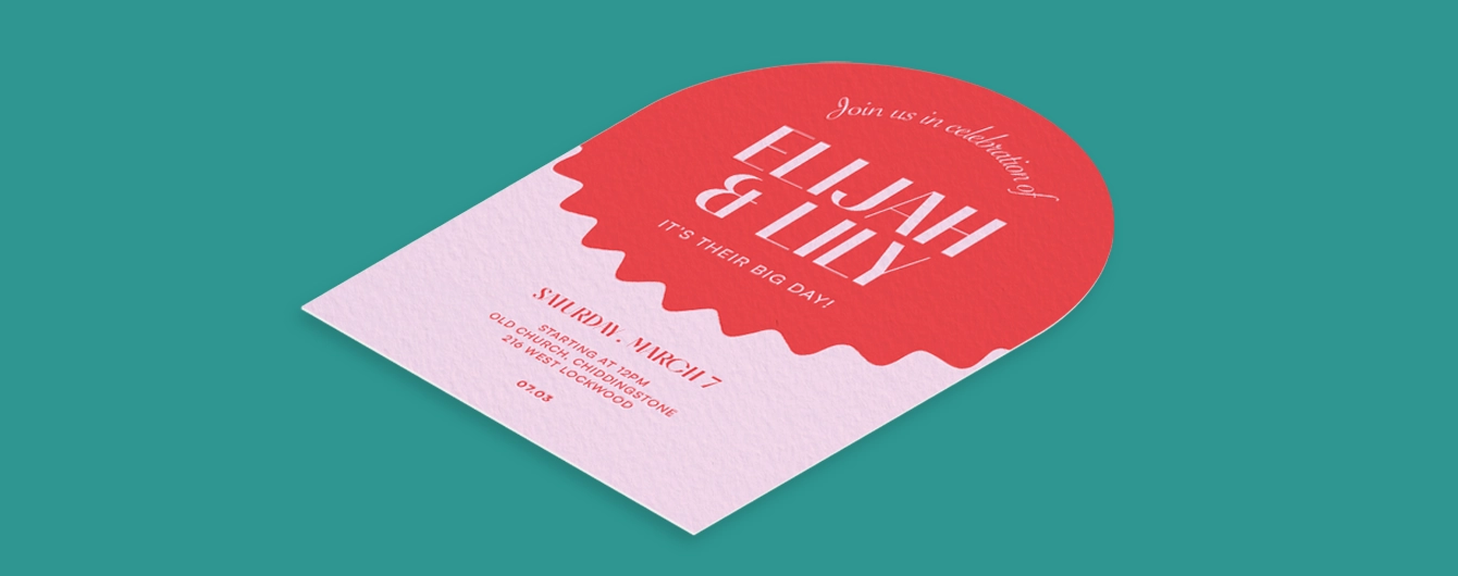 Upper arch-shaped die cut Wedding Invitation. The bold design features a red upper section with white text and a dripping paint effect that transitions into a pink lower section with red text