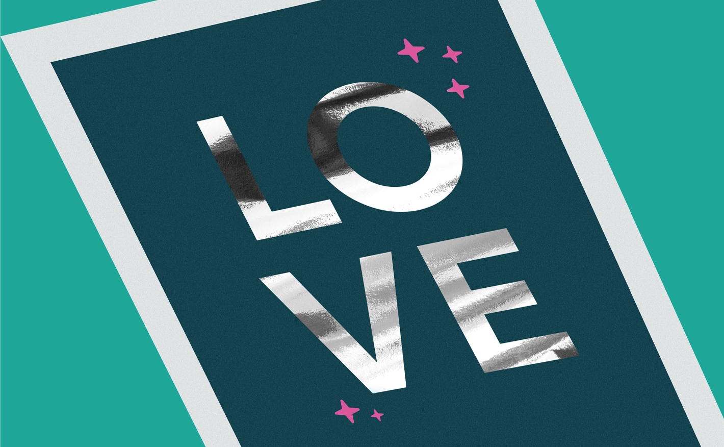 Dark blue art print with "LOVE" foiled in metallic silver.