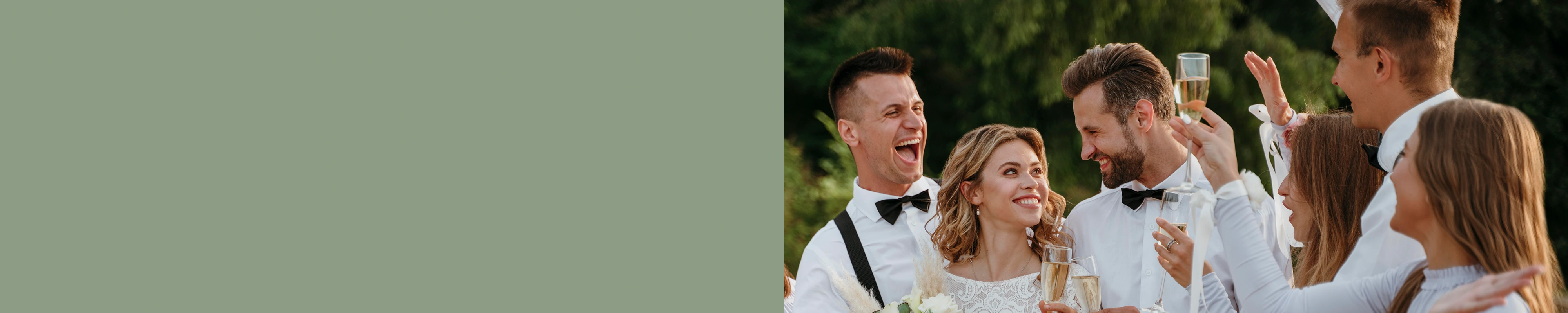 Bride and groom smile at each other during an outdoor wedding celebration as friends around them raise glasses in a toast.”