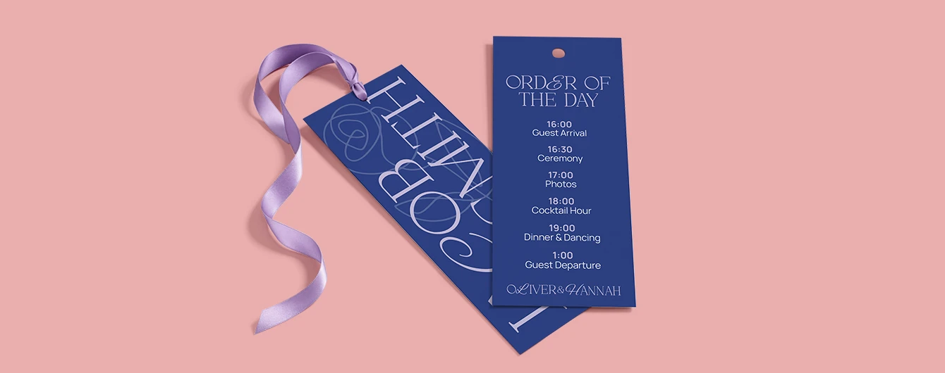 Dark blue wedding ceremony Bookmarks, with the order of service on one side and the guest name on the reverse.