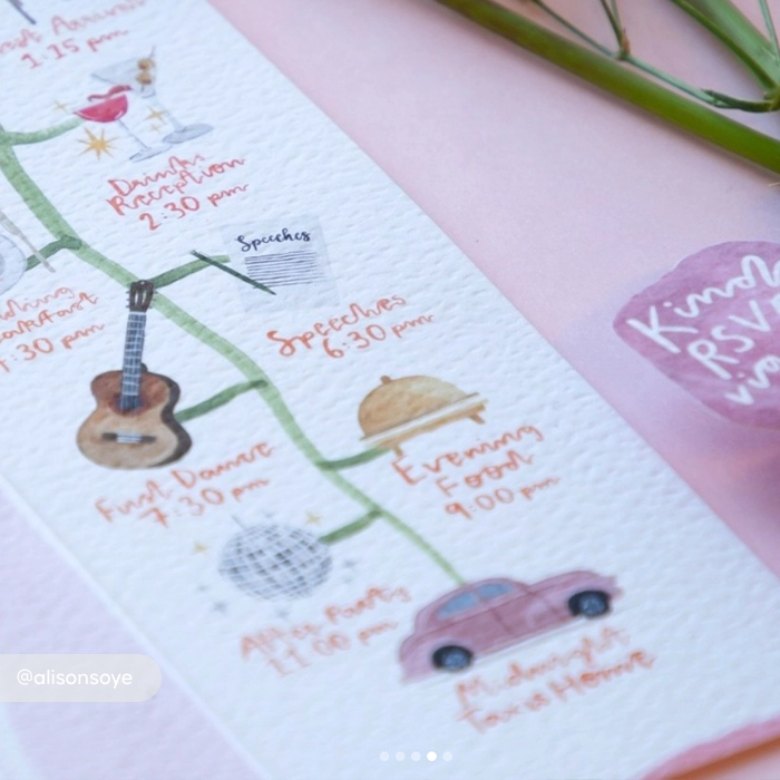 A Wedding Order of Service card with a hand‑drawn timeline and small illustrations, showing the day’s events along a winding green path, placed on a pink surface with flower stems