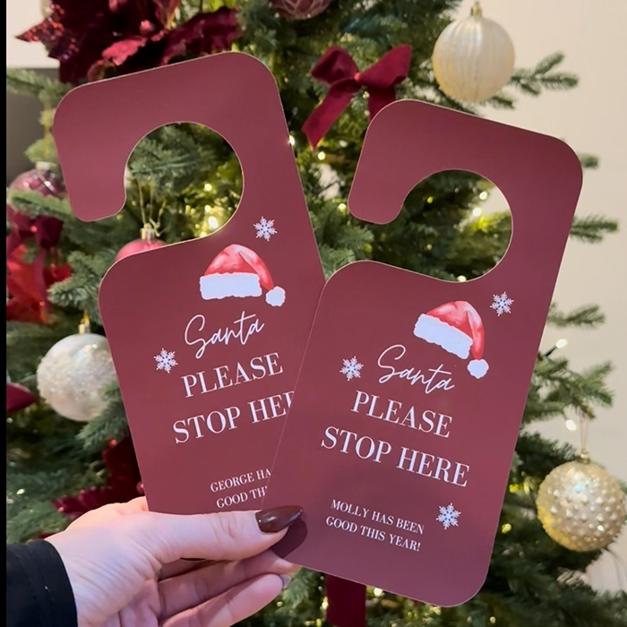 'Please Stop Here' Santa Christmas Burgundy Door Hangers