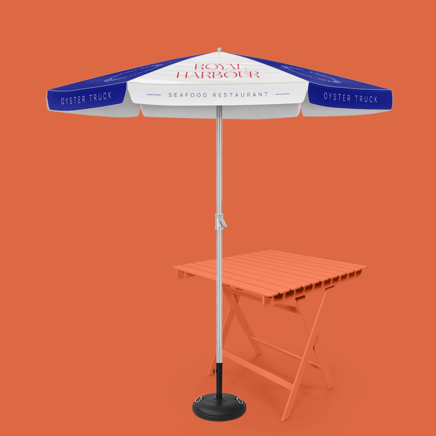 Branded commercial parasol above an orange table against a solid orange backdrop.