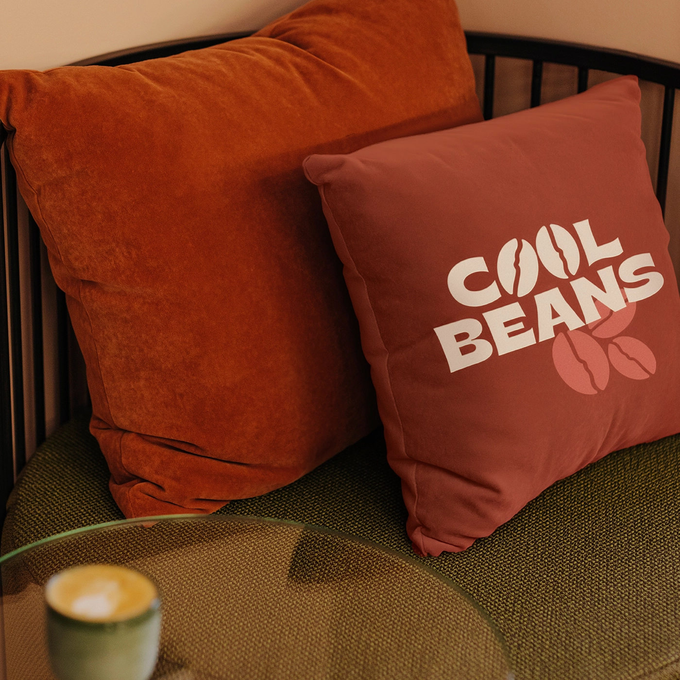 Two decorative pillows on a sofa with a coffee cup on a glass table.