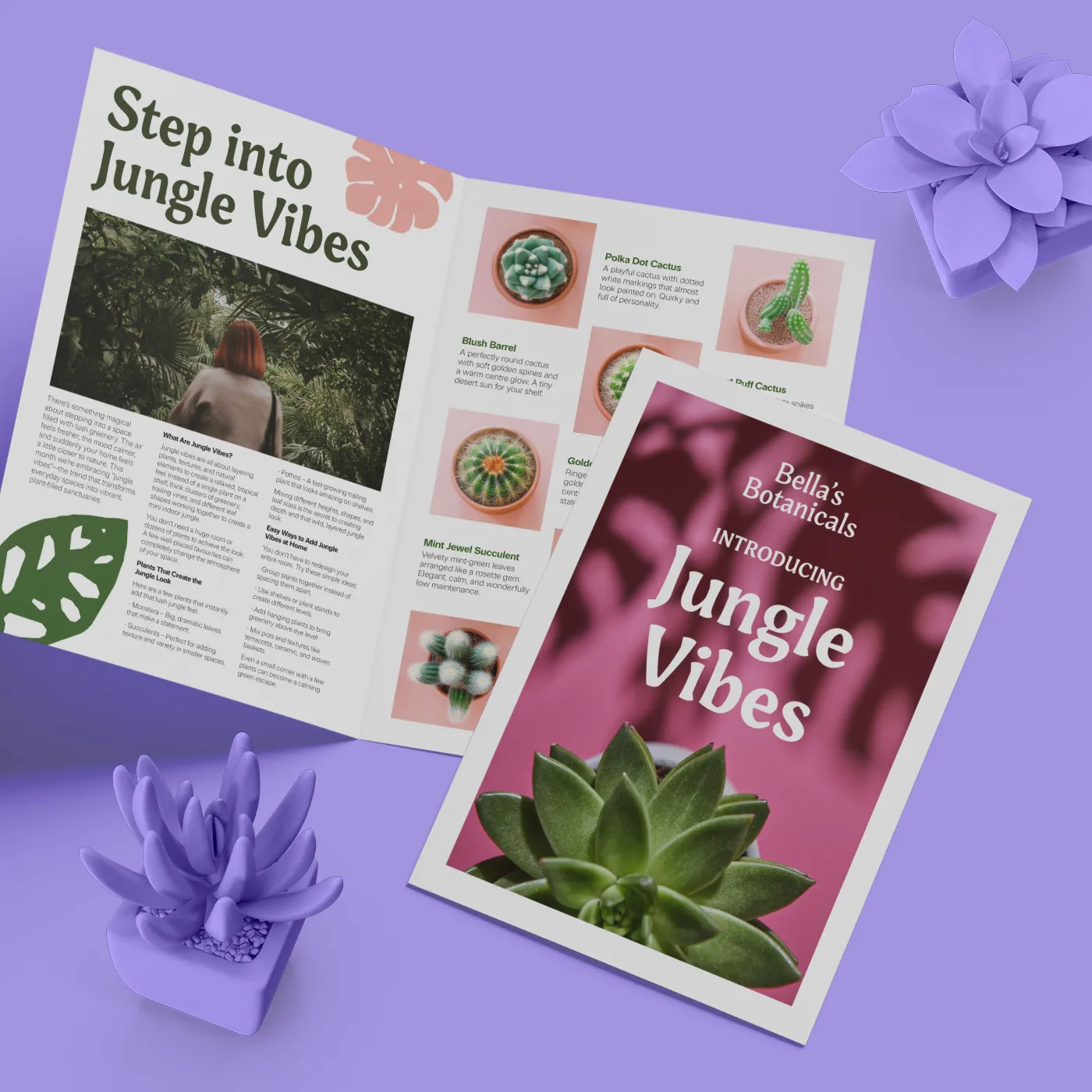 Plant‑focused newspaper opened on a purple background in a modern flat lay.