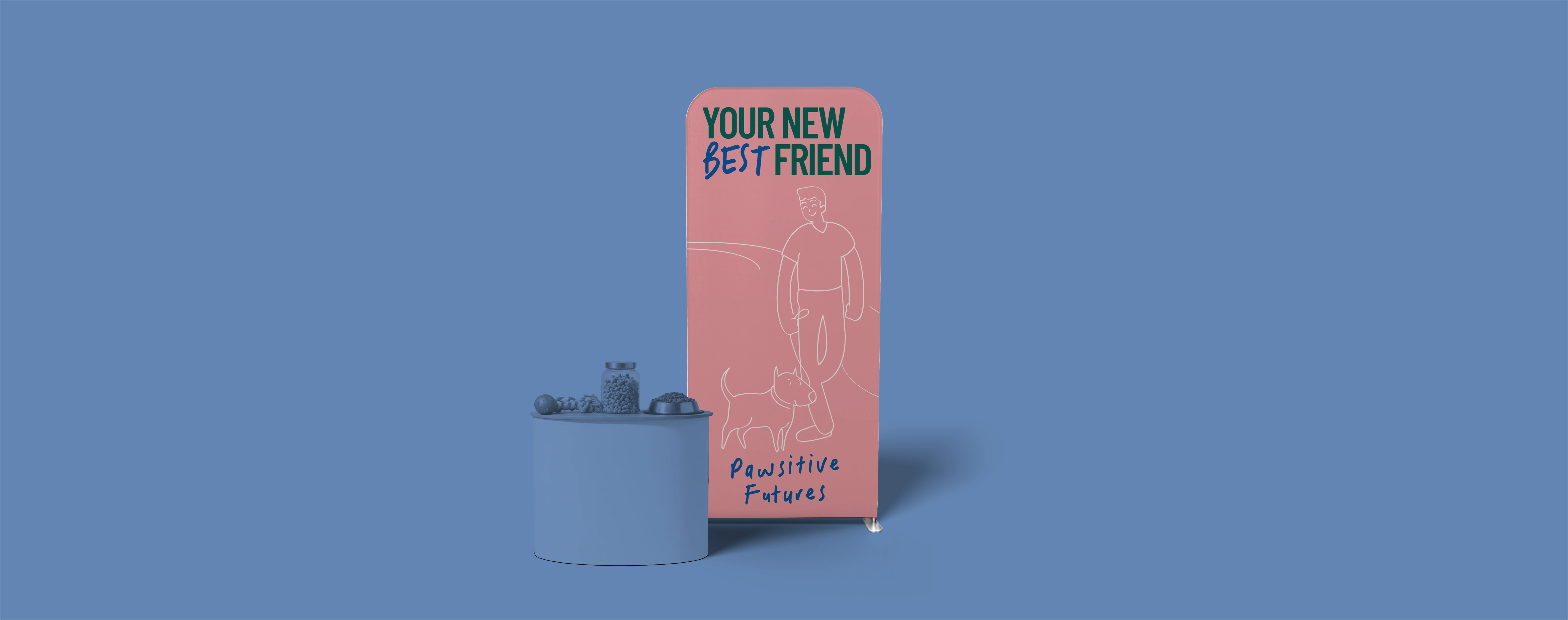 A stretch fabric display stand for a pet charity with a table of animal‑care items on a blue backdrop.