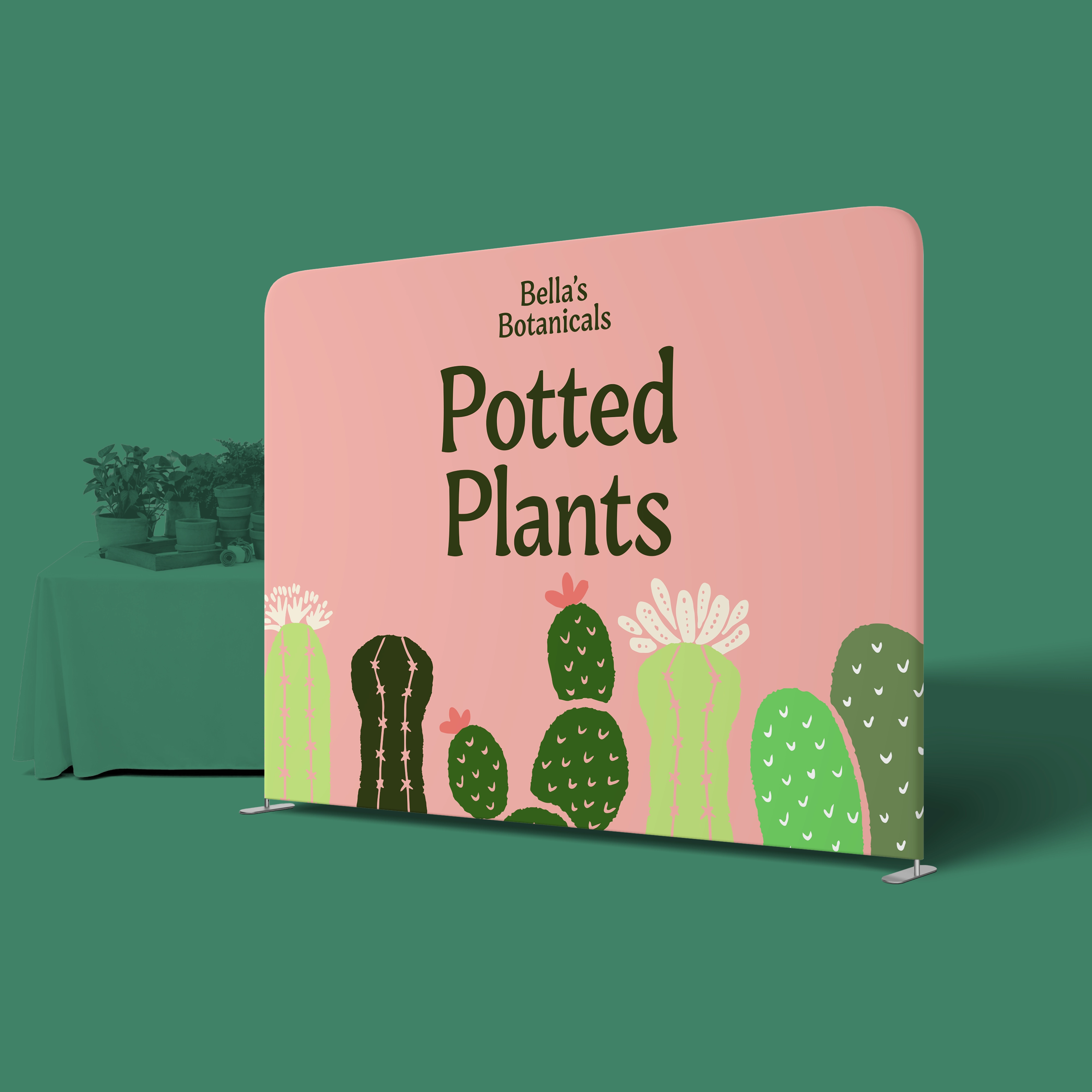 A stretch fabric display stand for a plant business with potted plants on a green backdrop.