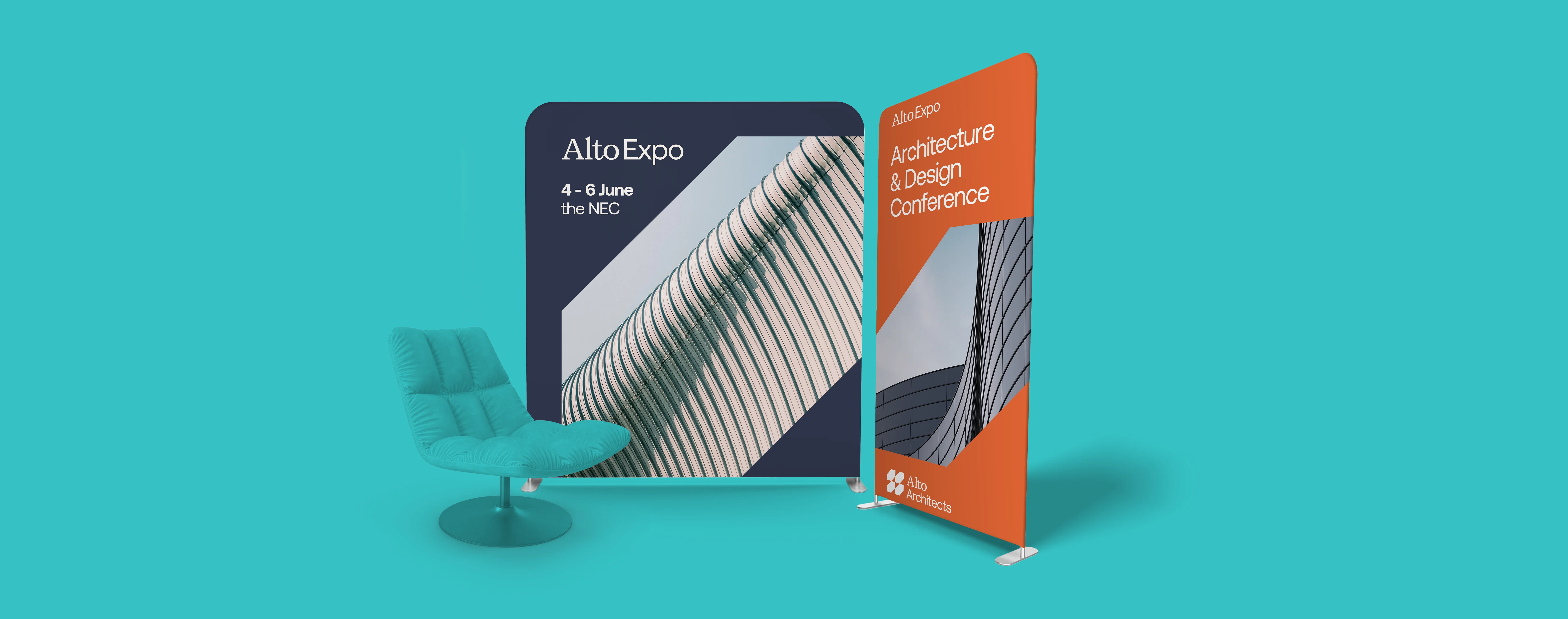 Stretch fabric display stands for an expo event with a chair on a teal backdrop.