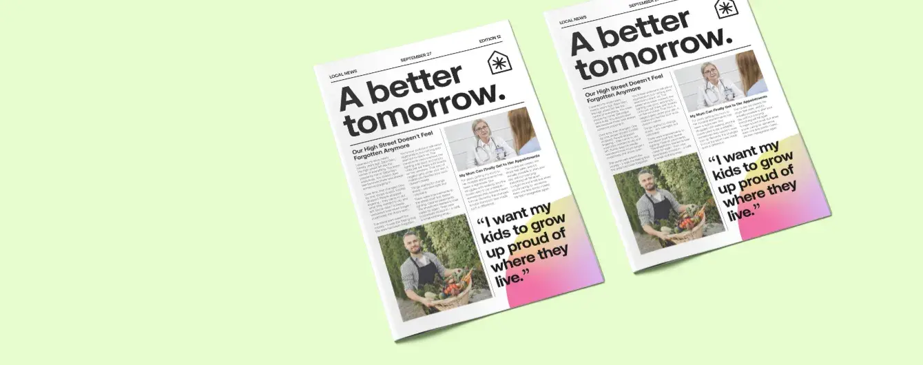 Gemini said Two copies of a local newspaper titled "A better tomorrow." are displayed against a pale green background, featuring articles about high streets and healthcare alongside photos of a doctor and a shopkeeper.