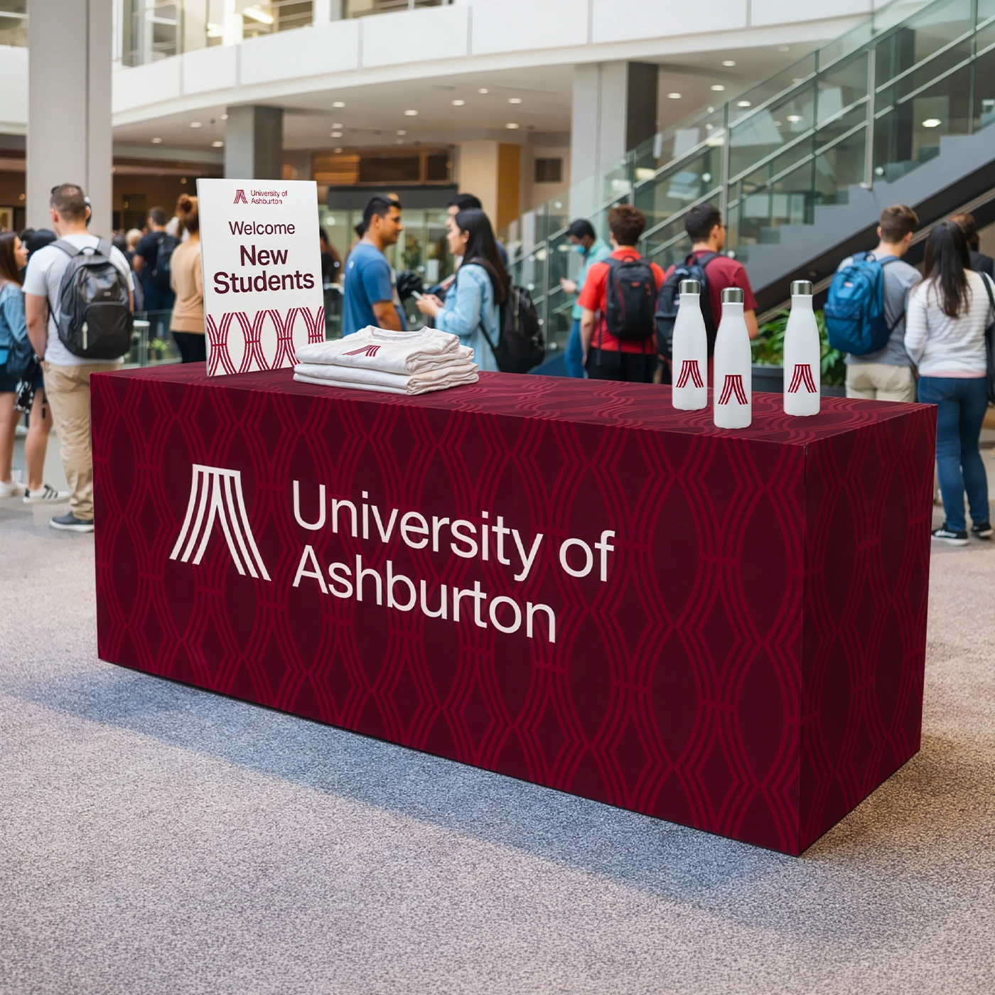 Box Tablecloth used on a welcome booth at a busy university event.