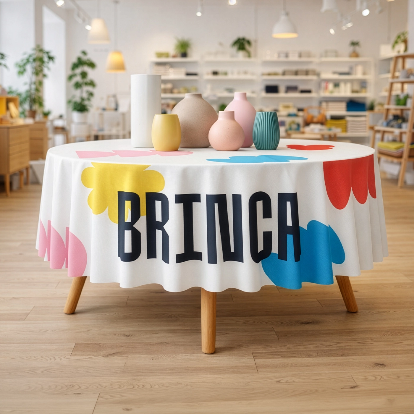 Round Tablecloth on a styled display table in a bright, modern interior setting.