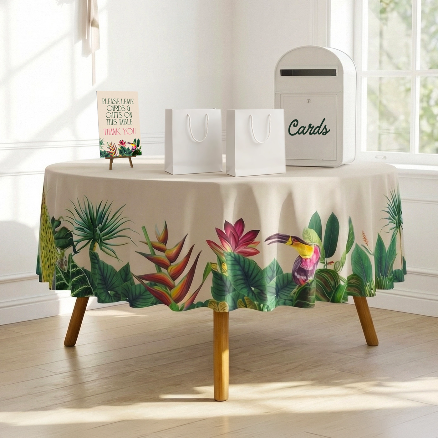 Circular tablecloth on a wedding gift table set up indoors.