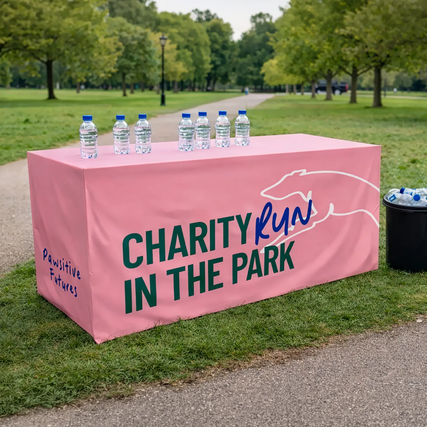 Box Tablecloth on a table set up for an outdoor charity event in the park.
