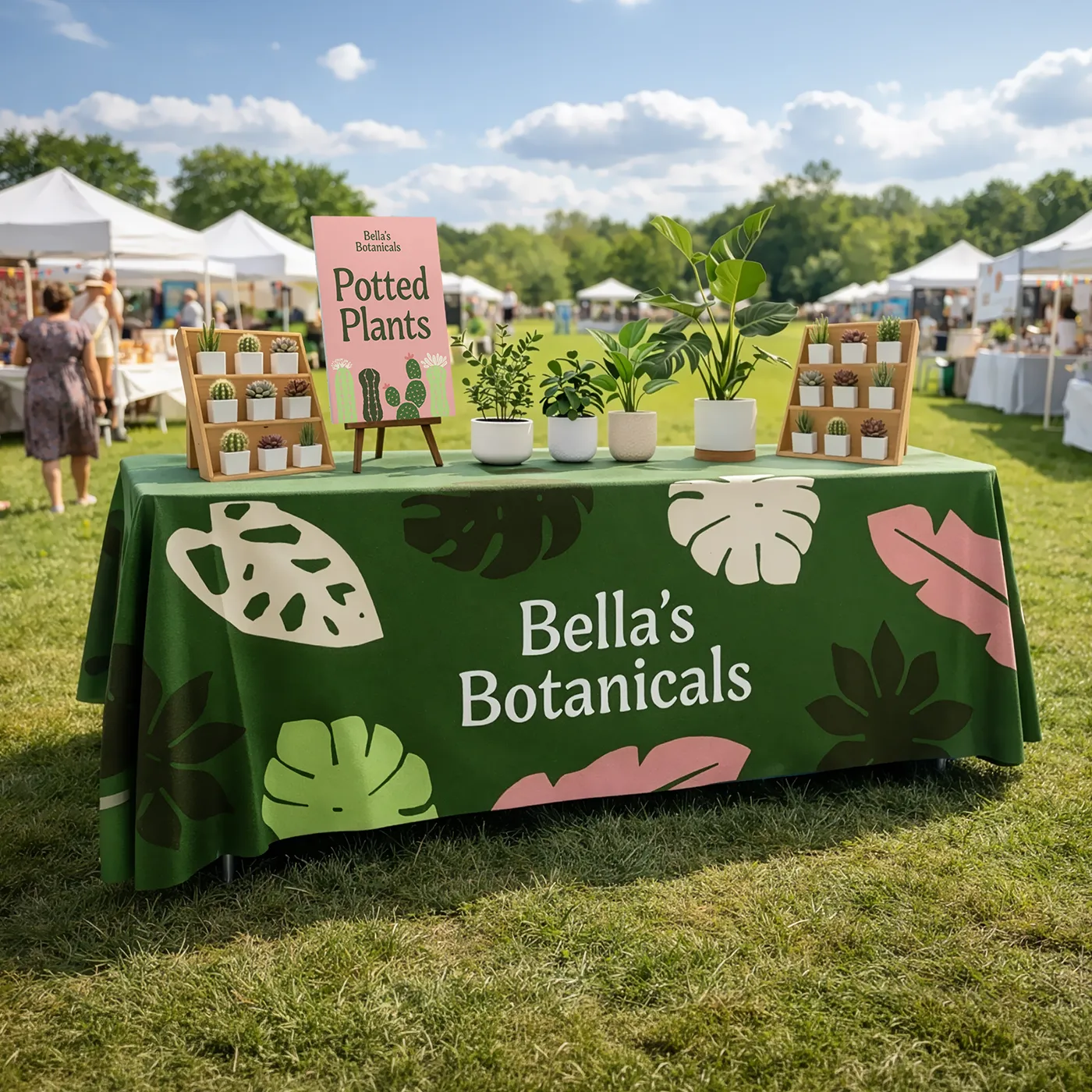 Rectangular Tablecloth used on a market stall table displaying plants at an outdoor event.